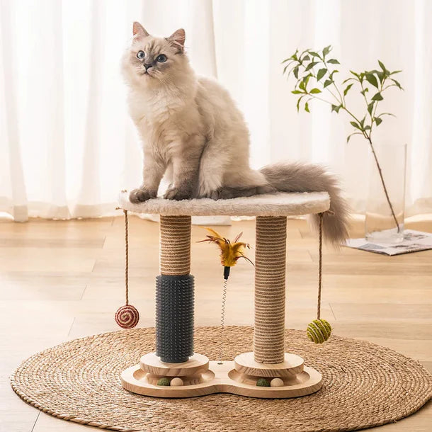 Jouet Multifonctionnel en Bois pour Chat – Griffoir Solide, Auto-Toilettage, Perchoir en Polaire de Lapin, Plumes et Balles de Jeu