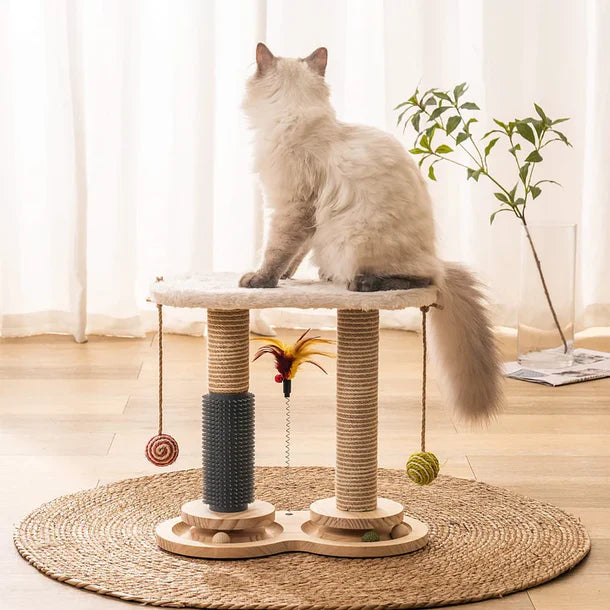 Jouet Multifonctionnel en Bois pour Chat – Griffoir Solide, Auto-Toilettage, Perchoir en Polaire de Lapin, Plumes et Balles de Jeu