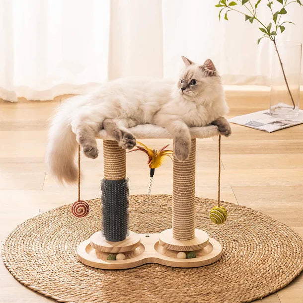 Jouet Multifonctionnel en Bois pour Chat – Griffoir Solide, Auto-Toilettage, Perchoir en Polaire de Lapin, Plumes et Balles de Jeu