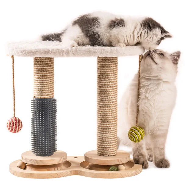 Jouet Multifonctionnel en Bois pour Chat – Griffoir Solide, Auto-Toilettage, Perchoir en Polaire de Lapin, Plumes et Balles de Jeu