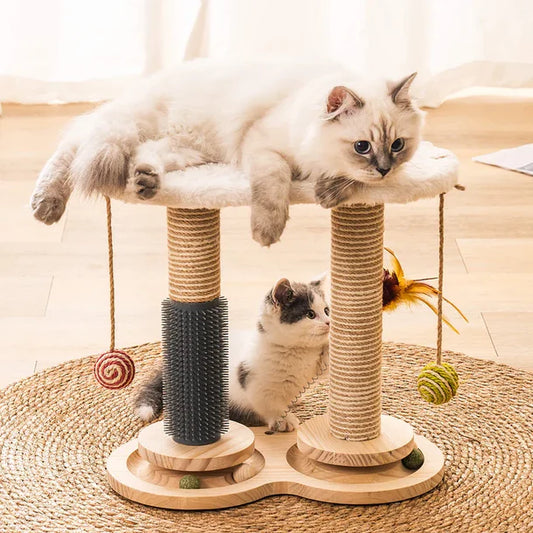 Jouet Multifonctionnel en Bois pour Chat – Griffoir Solide, Auto-Toilettage, Perchoir en Polaire de Lapin, Plumes et Balles de Jeu