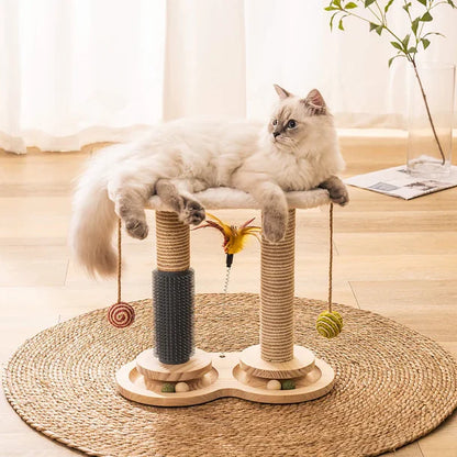Jouet Multifonctionnel en Bois pour Chat – Griffoir Solide, Auto-Toilettage, Perchoir en Polaire de Lapin, Plumes et Balles de Jeu