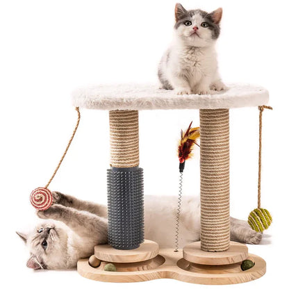Jouet Multifonctionnel en Bois pour Chat – Griffoir Solide, Auto-Toilettage, Perchoir en Polaire de Lapin, Plumes et Balles de Jeu