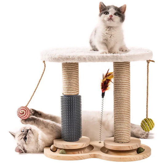 Jouet Multifonctionnel en Bois pour Chat – Griffoir Solide, Auto-Toilettage, Perchoir en Polaire de Lapin, Plumes et Balles de Jeu