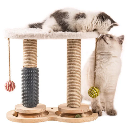 Jouet Multifonctionnel en Bois pour Chat – Griffoir Solide, Auto-Toilettage, Perchoir en Polaire de Lapin, Plumes et Balles de Jeu